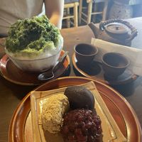 wagoshi and macha shaved ice  at Kasagiya in Kyoto