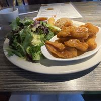 Dinner Special (Miso Soup, Fried Spring Roll, Fried Brown Rice, Salad -Dressing is AMAZING, Orange Chicken) $13.99  at Bright Star in Rancho Cucamonga