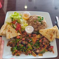 Vegan Shawarma plate with rice and Tahini sauce at Falafel n Cafe in Clearwater