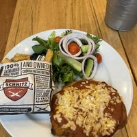 Parmi, chips and garden salad   at Schnitz in Cairns