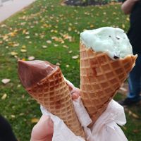 Small v. Chocolate sugar cone and large v. Mint cho chip waffle cone. at Cone Sweet Cone in Gettysburg