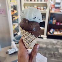 Vegan mint chocolate chip and chocolate in a waffle cone. They also had vegan strawberry when I went.  at Cone Sweet Cone in Gettysburg
