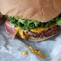 Bacon cheese burger (made of soy) at Plant Power Fast Food in Long Beach