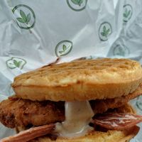 Chicken & Waffle sandwich (not a huge fan) at Plant Power Fast Food in Long Beach