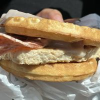 Waffle chicken sandwich:)   at Plant Power Fast Food in Long Beach