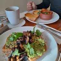 Avo toast with mushrooms and dukkah at Samuel Pepys Cafe in Launceston