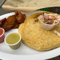 Vegan papusa with dragonfruit beef inside. Plantains on the side. at Monse's Pupuseria in Colorado Springs