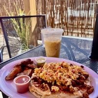 V egg & chorizo arepa with plantain and horchata (excellent!)  at Monse's Pupuseria in Colorado Springs