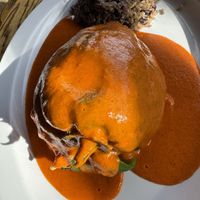 Chile relleno stuffed totally flavorless mashed potato 👎  at Monse's Pupuseria in Colorado Springs