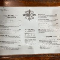 Vegan menu as of November 2021 at Coffee Society in Rockhampton