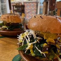 Vegan burgers -made of Portobello mushrooms or roasted avocado-  at Aguacate Limon in Tulum