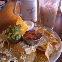 Vegan nachos with daiya mozzarella and homemade vegan sour cream, and a soy horchata drink at The Burrow in Vancouver