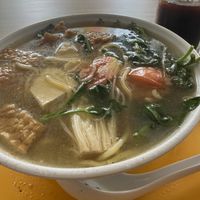 Yong Tau Foo … one of the best selections of healthy ingredients:  tempeh, tofu, Kang Kong and tomato with a delicious rich vegan broth.  😋😘  at Zi Zai Vegetarian 自在齋 - Circuit Rd in Central Singapore