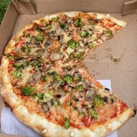 Vegan mushroom and broccoli pizza  at Pizza Jerks in Lake George