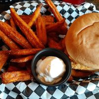 Vegan Chicken Burger with sweet potato fries and vegan mayo at Sloppy Seconds in Virginia Beach