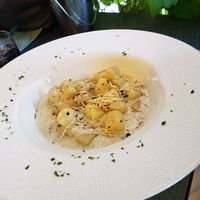 Gnocchi with creamy truffle sauce and smoked Tofu shavings. at Dalmatino in Hvar
