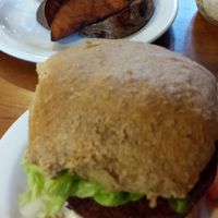 Vegan burger and potato wedges at The Treehouse Restaurant in Aberystwyth