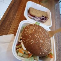 BBQ jackfruit burger and vegan cake at Ila Cafe in South East London