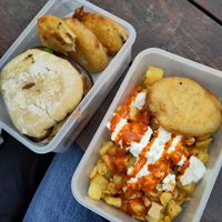Patatas bravas with deep fried aubergine, then more aubergine in the other boxes with two sandwiches - delicious! at Pinchito LTD in Cambridge