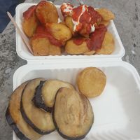 7/10 patata bravas with aoili and fried aubergine at Pinchito LTD in Cambridge