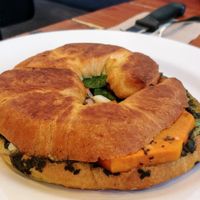 Roast pumpkin, pesto and feta croissant (toasted)  at Desta in Preston