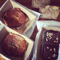 Ham, cheese & tomato croissants, banana breads and choc brownies 🌱💚✨best brownie I’ve had  at Desta in Preston