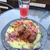Dish of the day with home made strawberry kombucha at Bistro Les in Decin