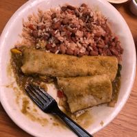 Vegan Enchiladas!! With Mexican rice and beans. at Güero's Taco Bar in Austin