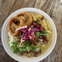  Potatoe Stew with Onion rings and Eggplant sausage (forgot the name of the plate) 😋   at Callie's Kitchen in Tomball
