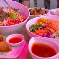 Rainbow salad, tea leaves salad, samosas, eggplant curry - all vegan, all soy free, all except samosas are gluten-free (rainbow salad has rice noodles in place of default wheat noodles) at Top Burmese in Portland