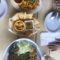 Paratha dip, chickpea tots, tea leaf salad and Burmese iced tea (non-dairy)  at Top Burmese in Portland