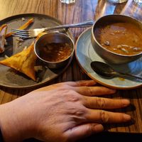 Samosas and Sambar soup. Small portions, and with a small spoon? at The South Indian in Stockholm