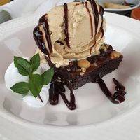 Vegan dessert - brownie with salted caramel ice cream at The Red Lion in Banbury
