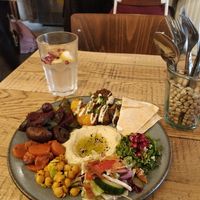 Ginger pomegranate lemonade and vegan combo/mix plate. Delicious :) at Pois Chiche in Brussels