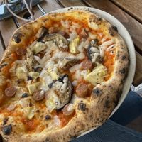 Aubergine, artichoke and vegan mozzarella pizza  at Fatto A Mano in Brighton