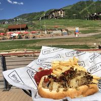 Vegan brat at the base of the gondola!!  ❤️ at Timber and Torch in Steamboat Springs