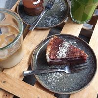 Black forest cake, iced coffee, green smotthie and choclate cake at gesund & süß in Cologne