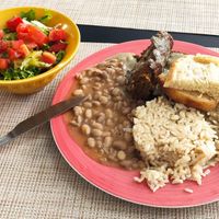 Kibe w/ baba ghanoush, rice and beans at Espaço VHMOR in Sao Paulo