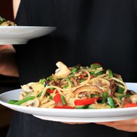 Vegan Pasta with vegetables and
Pielamushi mushrooms at Arca Pub in Porto