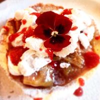 Edible flower on rhubarb tart with raspberry coulis and vegan meringue  at The Dragonfly in Dumfries