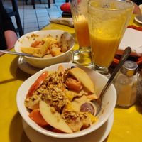 Breakfast fruit salad with vegan yogurt  at Ari Comida Sana in Quito