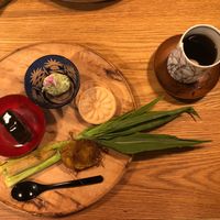 Assorted hors d'oeuvres
1) Naganasu and Kelp Battera
2) Green Pea, Herb, and Tofu Hummus and Monaka
3) Young Corn Grilled with Fuki Miso and Corn Silk Tempura croquette at Chakura in Sakaishi
