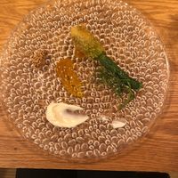 Fried Zucchini Flowers with Potato and Broad Bean Paste, Nasturtium, Mandarin, Homemade Mugwort and Soy Milk Mayonnaise at Chakura in Sakaishi