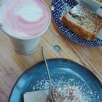 Banana bread and pink beetroot latte at Lina's Coffee in Dusseldorf