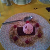 Dessert! Chocolate mousse with raspberry ice cream. at Made in Belfast in Belfast
