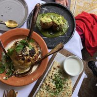 Chou-fleur with tahini and orange blossom, Goy Qutab, & fried vegan chicken balls stuffed with spinach. All delicious!   at Shirvan Cafe Metisse in Paris