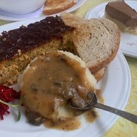 V. Meatloaf, mashed potatoes/gravy and (*) the best chocolate raw pie I’ve ever eaten    at Jyoti-Bihanga in San Diego