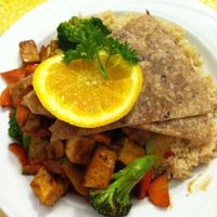 Veggies, tofu, rice, and tortillas at Jyoti-Bihanga in San Diego