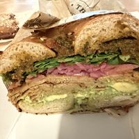 New seitan sandwich on onion bagel   at The Bagel Mill in Petaluma