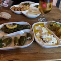 Wine leaves stuffed + jalapeños with cheese + spicy Turkish yoghurt + zucchini stuffed at Mayko Meze Evi in Istanbul